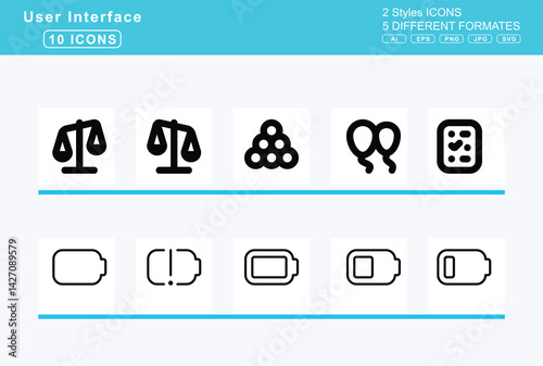 Set of 5 rounded user interface icons,badge, sheriff, bags, shopping, bahai, baht, sign, balance, scale, left