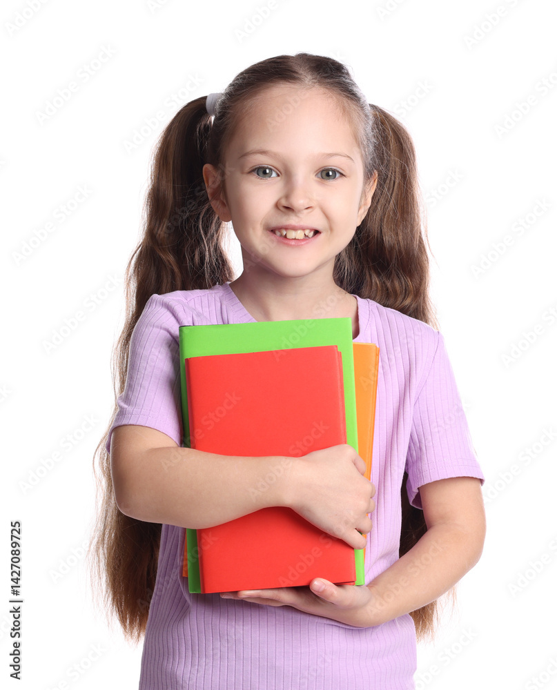 Cute girl with books on white background Cute girl with books on white background