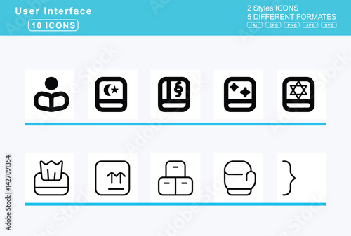 Set of 5 rounded user interface icons,book, copy, dead, font, bookmark, slash