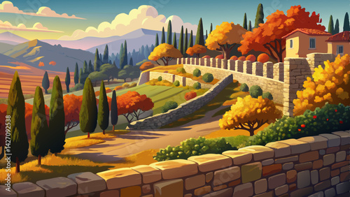 Very beautiful Old stone walls with cypress trees in Provence fall landscape, provence, wall, provence, wall, foliage, countryside, nature