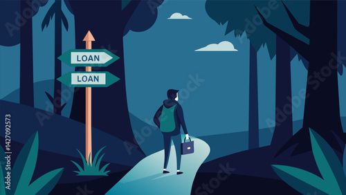 A person walking through a dark and dense forest with a signpost pointing towards Loan Relief and arrows listing different deferment and forbearance. Vector illustration