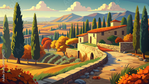 Very beautiful Old stone walls with cypress trees in Provence fall landscape, provence, wall, provence, wall, foliage, countryside, nature