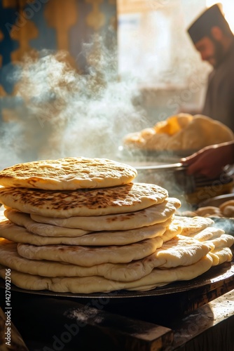 Warm Bread Served at a Bustling Food Stall During Sunset in a Vibrant Marketplace