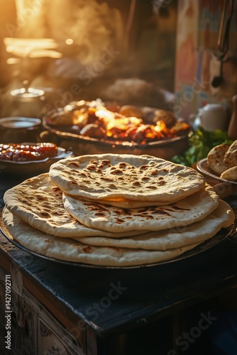 Warm Bread Served at a Bustling Food Stall During Sunset in a Vibrant Marketplace