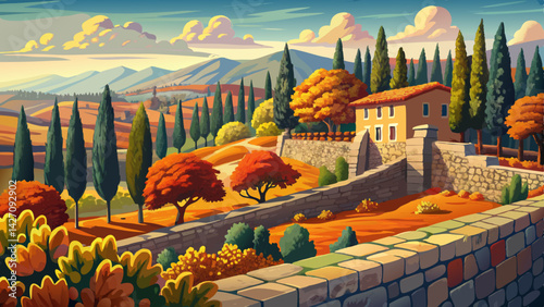 Very beautiful Old stone walls with cypress trees in Provence fall landscape, provence, wall, provence, wall, foliage, countryside, nature