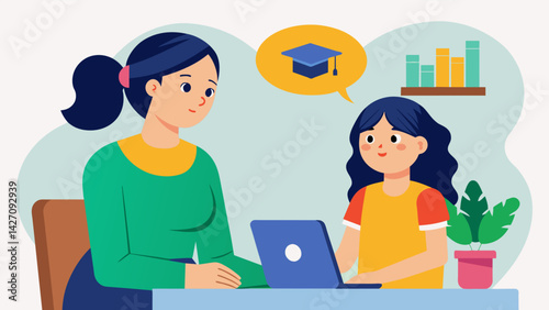 A conservation between a mother and daughter can be overheard in the financial aid office as they discuss the possibility of taking out a Parent PLUS. Vector illustration