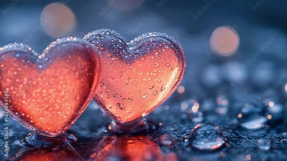 Two Hearts, One Love:  A pair of translucent, heart-shaped objects gleam with a soft, inner glow, glistening with tiny droplets. It's a gentle tableau of romance and affection.