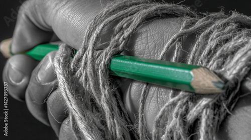 Close-up of hand holding green pencil, tightly bound by twine, showcasing struggle or constraint, symbolizing creative limitations or artistic repression