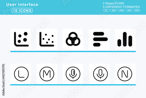 Set of 5 rounded user interface icons,chart, pie, pyramid, radar, scatter, d