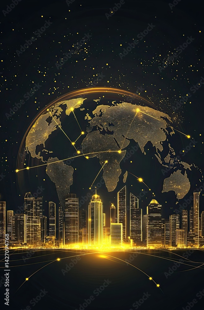 Naklejka premium A modern digital background for a business card, featuring a golden world map and buildings