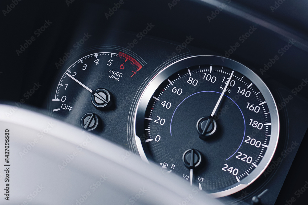 Car speed dashboard closeup. Speedometer and tachometer. Fast driving concept. Auto instrument panel. Modern vehicle detail. Travel and transport. Drive fast. Sport car style. Car interior background.