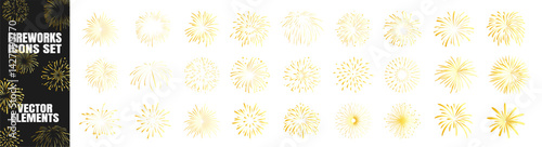 Gold Firework Explosions Set. Carnival Party Vector Background on Transparent Background