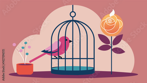 A bird nestled in its cage overcome with a sense of tranquility thanks to the calming fragrance of a pet calming diffuser filled with notes of rose. Vector illustration