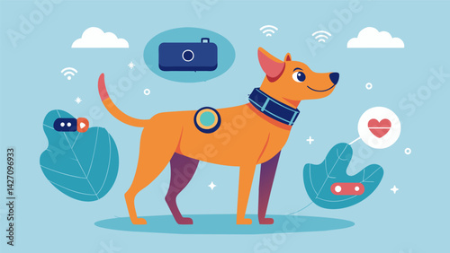 A collarmounted camera that captures your pets playtime adventures and generates a personalized play report with activity analysis.. Vector illustration