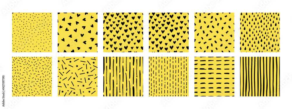 Set of seamless hand-drawn dash and doodle patterns on a yellow background. Cute minimalist textures with hearts, lines, drops, and stars. Perfect for kids design, fabric, and wrapping paper