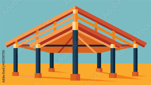 Joining together prefabricated roof trusses to create a sy and durable roof structure for a commercial building.. Vector illustration
