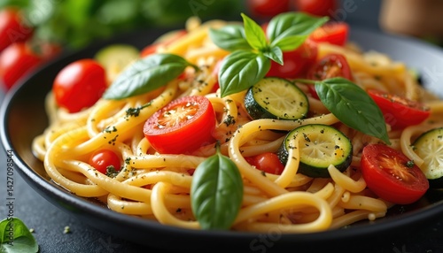 Pasta primavera with cherry tomatoes zucchini and fresh basil on black plate. Colorful vegetarian healthy meal. Italian cuisine dish for lunch dinner. Tasty food, culinary concept.