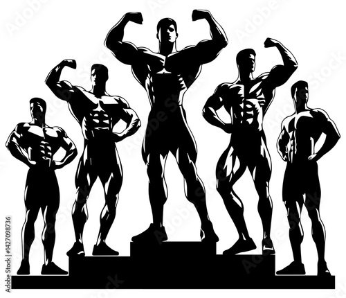 Black and white silhouette of a bodybuilding competition. The participants of the Mr. Olympia competition on a white isolated background. Vector graphics. EPS.