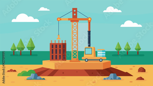 The completion of the pile driving process with a strong and stable foundation laid for the new building ready for the next phase of construction to. Vector illustration