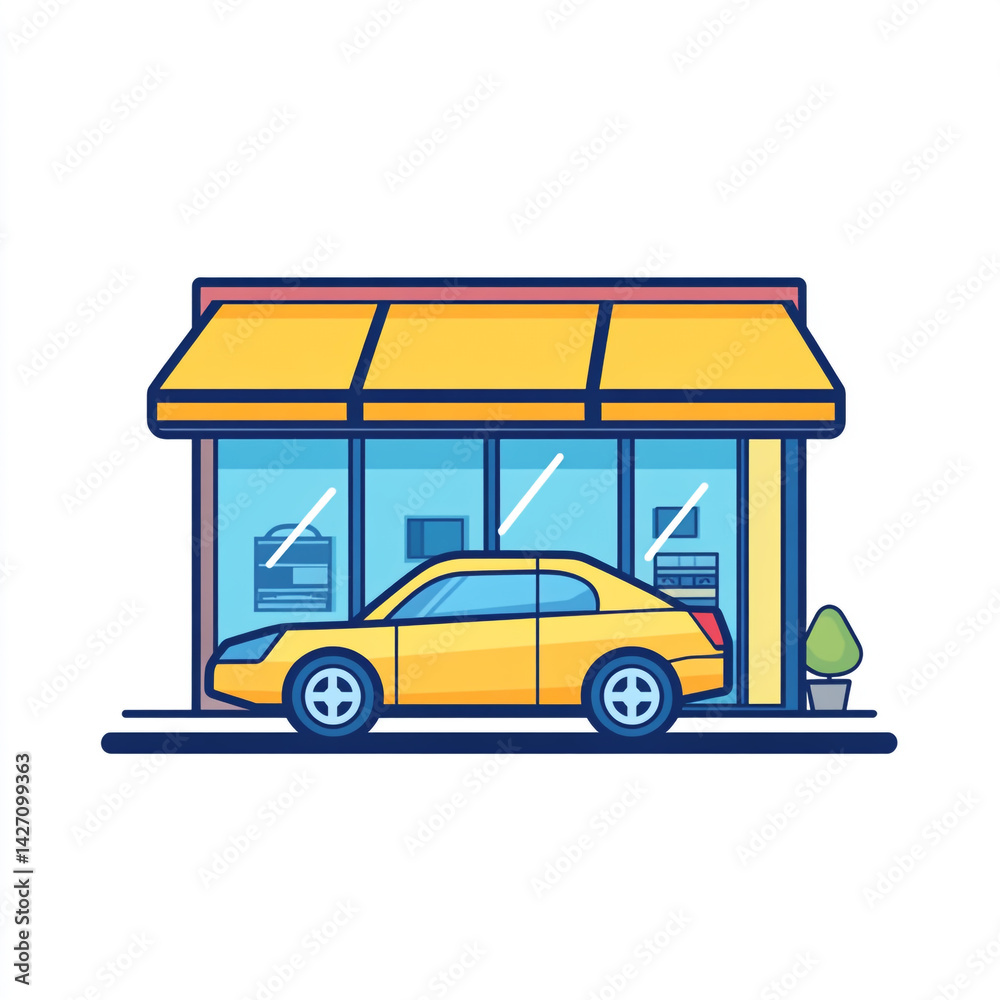 Obraz premium A cartoon-style illustration of a vibrant color car being cleaned at a colorful car wash station, with soap bubbles and trees in the background.