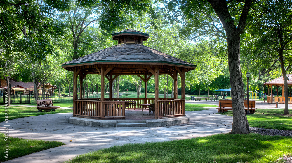 Naklejka premium Wooden Gazebo In Park With Lush Trees And Sunlight