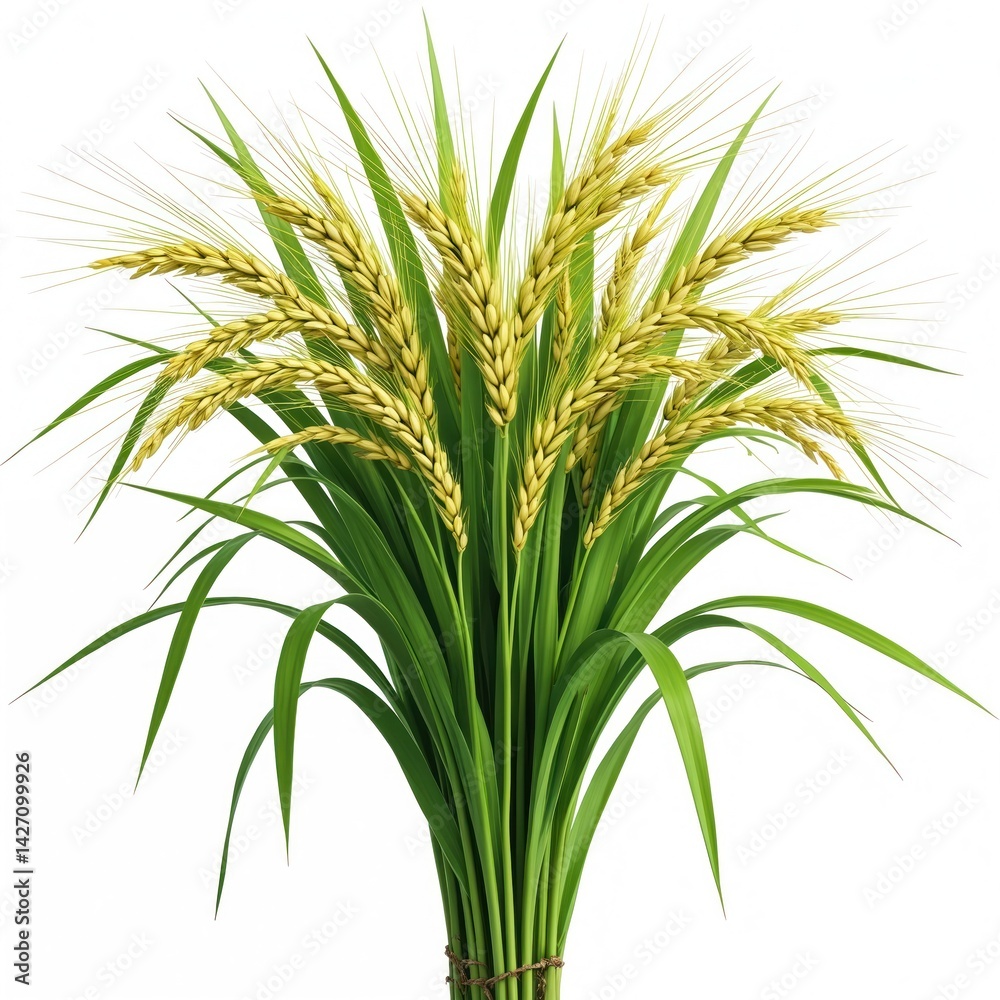 Obraz premium Isolated shot rice plant. Rich green leaves frame golden brown rice grains, essential crop agriculture. Rice growth cycle, harvest season, food production, asian cuisine. Perfect for culinary, eco