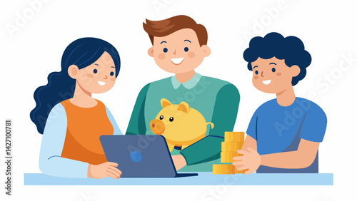 A young couple browsing through different investment options with their financial advisor discussing the best way to save for their childs future. Vector illustration