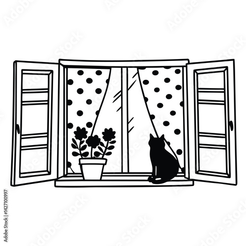 A vector illustration shows a window frame offering an artful view of a serene beach, like a room's interior decoration bringing the outside home