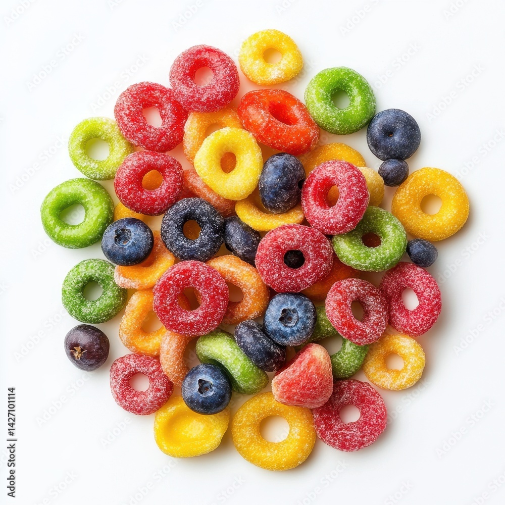 Colorful ring-shaped cereal with fresh blueberries Colorful ring-shaped cereal with fresh blueberries
