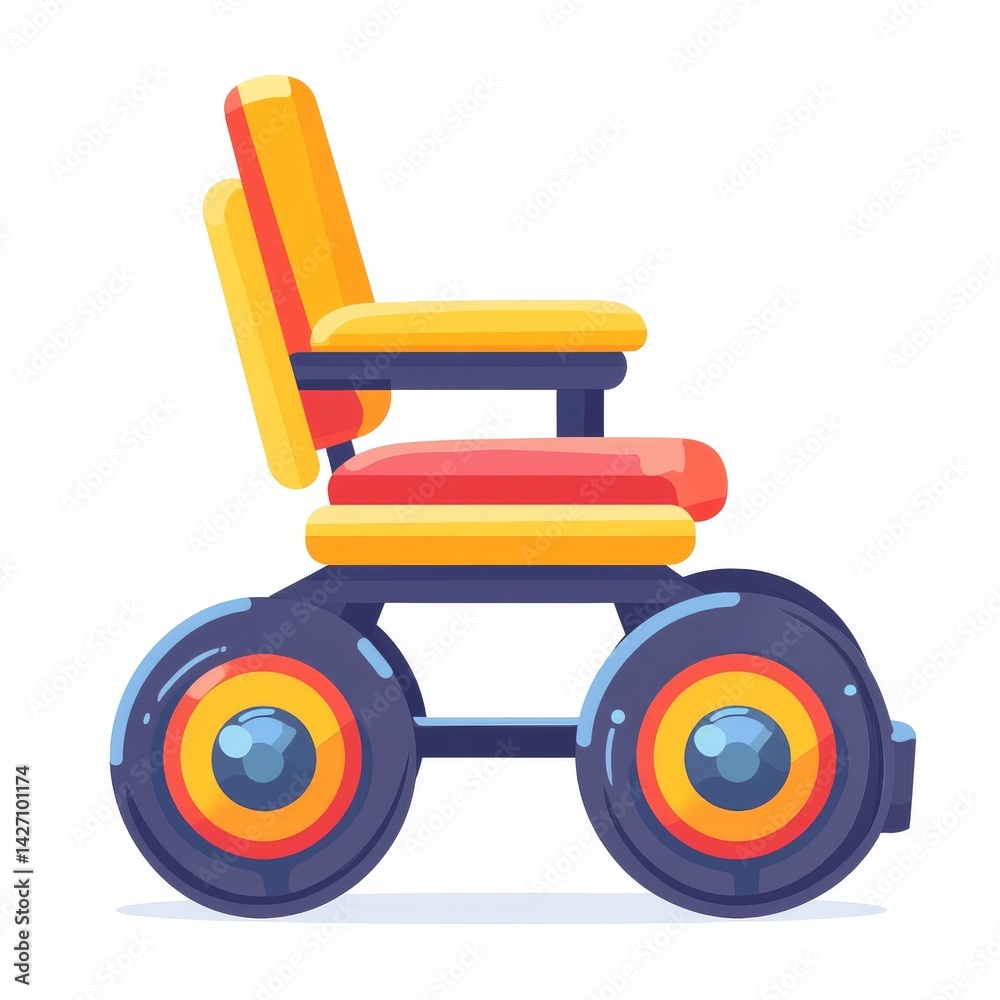 Fototapeta premium Vibrant depiction of a wheelchair set against a white backdrop, symbolizing accessible transportation