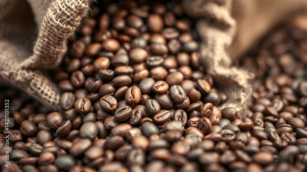 Fototapeta premium Roasted Coffee Beans Overflowing from Burlap Sack - Rich Aroma and Warm Tones for Food and Beverage