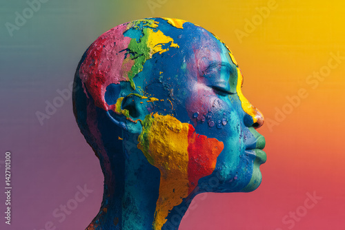 A woman's face is painted with the colors of the world