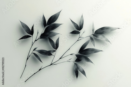 Obraz na płótnie Minimalistic black and white composition with an elegant branch with elongated leaves on a light background. w salonie