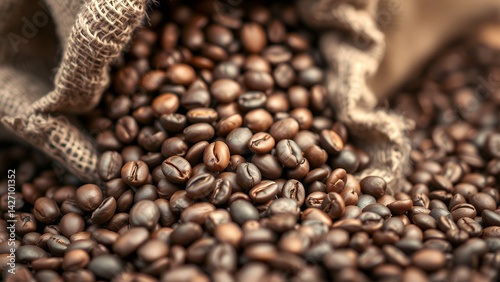 Roasted Coffee Beans Overflowing from Burlap Sack - Rich Aroma and Warm Tones for Food and Beverage