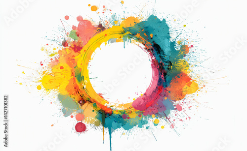 A colorful circle with splatters of paint on it