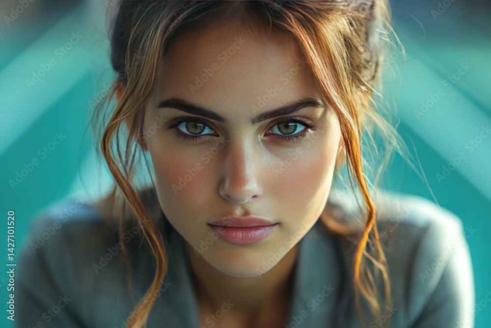 A close-up portrait of a young woman with expressive green eyes, shot against a vibrant turquoise backdrop.