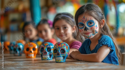 Smiling Children with Painted Faces and Sugar Skulls for Día de Muertos photo