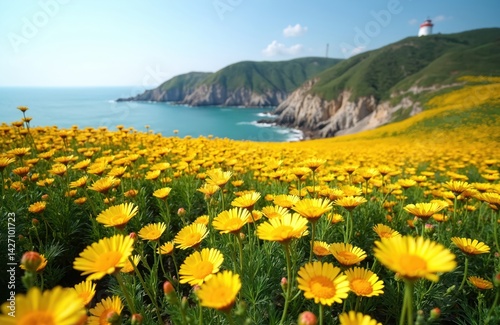 Obraz na płótnie Seaside field bright yellow flowers in Jeju Island South Korea. Ocean background with green hills, white lighthouse. Wildflowers bloom in spring. Sunny day scenic landscape. w salonie