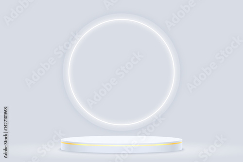 Light grey podium with gold strip for presentation with big white neon light in circle