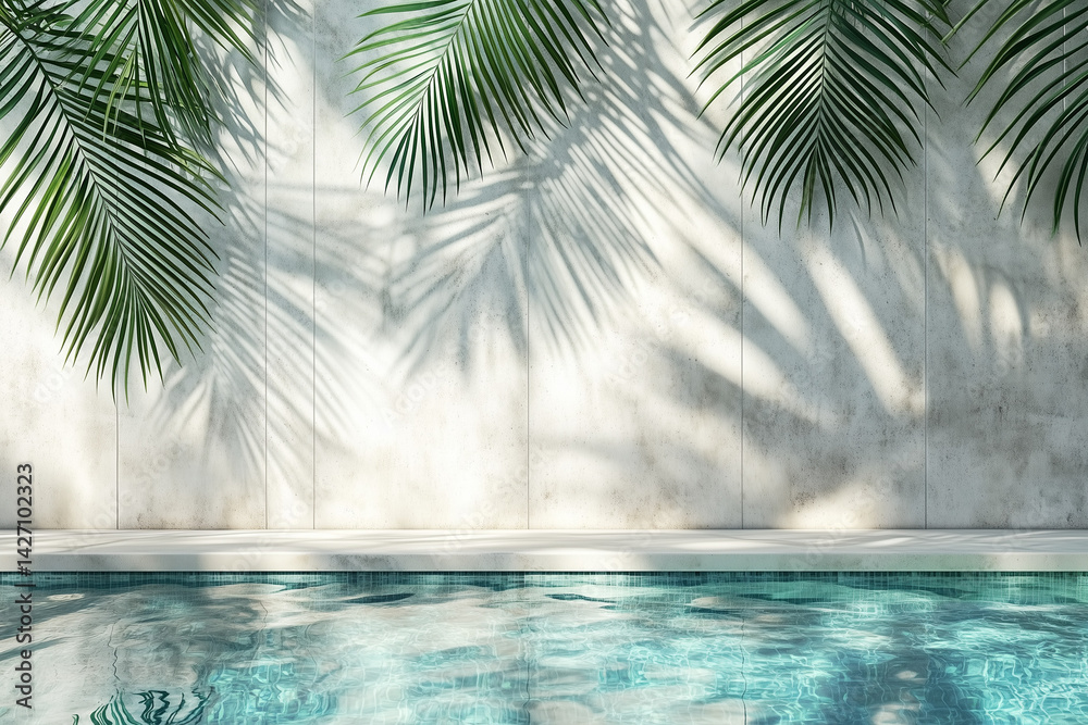 Tropical summer background with concrete wall, pool water and palm leaf shadow. Luxury hotel resort exterior for product placement. Outdoor vacation holiday house scene, neutral architecture aesthetic