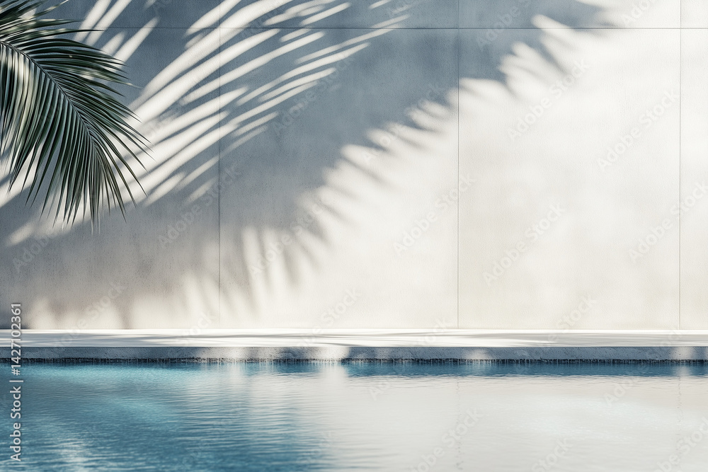 Tropical summer background with concrete wall, pool water and palm leaf shadow. Luxury hotel resort exterior for product placement. Outdoor vacation holiday house scene, neutral architecture aesthetic