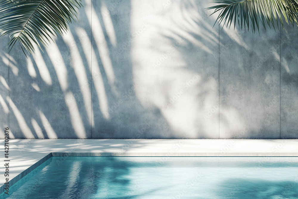 Tropical summer background with concrete wall, pool water and palm leaf shadow. Luxury hotel resort exterior for product placement. Outdoor vacation holiday house scene, neutral architecture aesthetic