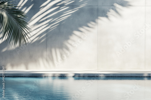 Obraz na płótnie Tropical summer background with concrete wall, pool water and palm leaf shadow. Luxury hotel resort exterior for product placement. Outdoor vacation holiday house scene, neutral architecture aesthetic w salonie