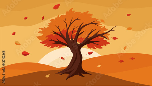 A photograph of a tree in autumn its leaves falling to the ground representing the inevitability of change and decay.. Vector illustration