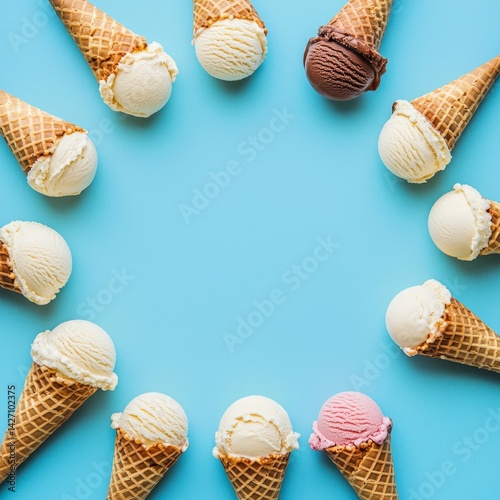This visually pleasing image features an arrangement of ice cream cones in a circular pattern on a light blue background, representing fun, sweetness, and the carefree joy of enjoying delightful dess