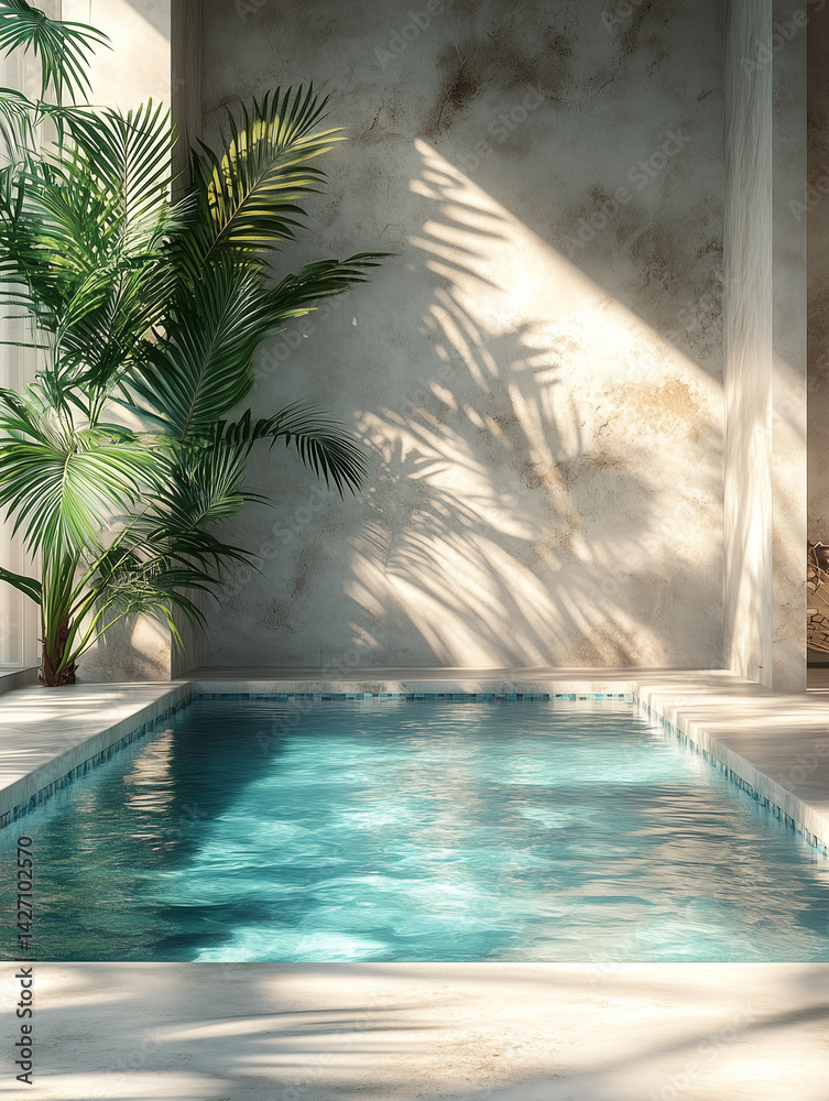 Tropical summer background with concrete wall, pool water and palm leaf shadow. Luxury hotel resort exterior for product placement. Outdoor vacation holiday house scene, neutral architecture aesthetic