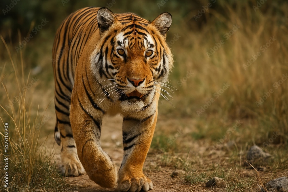 Fototapeta premium Majestic tiger prowling grassland.