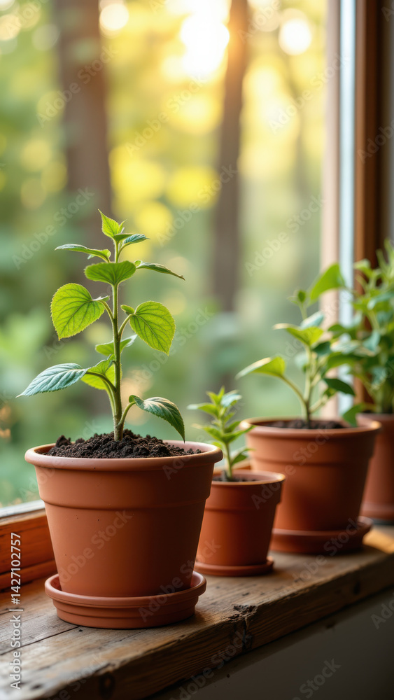 Obraz premium Image of a window sill with several terracotta pots containing young plants growing from seeds.