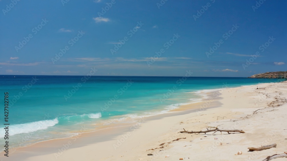 Sandy white shore, turquoise waters and palm trees, isolated and serene. Sandy white shore, turquoise waters and palm trees, isolated and serene.
