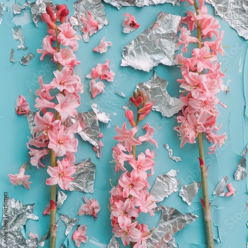 Three pink flowers with silver stems are on a blue background